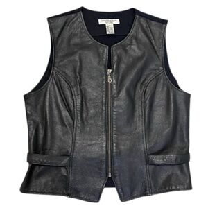 VINTAGE  LEATHER VEST FRONT ZIP FABRIC BACK WOMENS  SZ 8